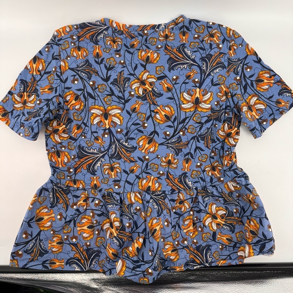 Zara Exaggerated Ruffle Floral Print Blouse Top Short Sleeve Blue Orange Medium - Picture 5 of 5